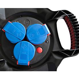 Brennenstuhl Gummi-Kabeltrommel X-Gum, 10 m, 2 Handgriffe, 3-fach spritzwassergeschützt, ölbeständiges RN-Kabel, IP44, blau/rot/schwarz