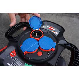 Brennenstuhl Gummi-Kabeltrommel X-Gum, 10 m, 2 Handgriffe, 3-fach spritzwassergeschützt, ölbeständiges RN-Kabel, IP44, blau/rot/schwarz