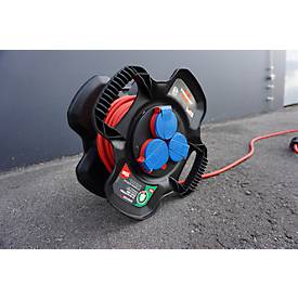 Brennenstuhl Gummi-Kabeltrommel X-Gum, 10 m, 2 Handgriffe, 3-fach spritzwassergeschützt, ölbeständiges RN-Kabel, IP44, blau/rot/schwarz