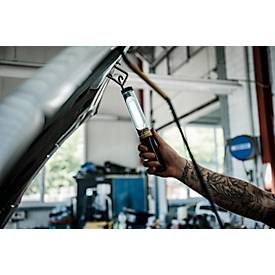 Brennenstuhl LED Akku-Werkstattleuchte WL 500 A, 520 lm, 3 Schaltstufen, Standfuß mit Magnet, drehbarer Haken, Li-Ion Akku, USB-Ladekabel, B 44 x H 300 x T 35 mm, orange/schwarz