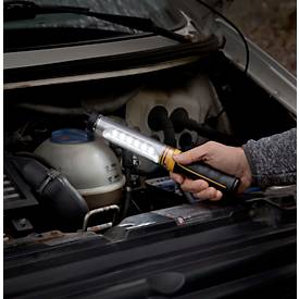 Brennenstuhl LED Akku-Werkstattleuchte WL 500 A, 520 lm, 3 Schaltstufen, Standfuß mit Magnet, drehbarer Haken, Li-Ion Akku, USB-Ladekabel, B 44 x H 300 x T 35 mm, orange/schwarz