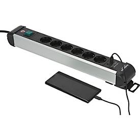 Brennenstuhl Premium-Alu-Line Steckdosenleiste, 6-fach, USB-C PD 30W, Aluminium, 3m Kabel, schwarz/silber