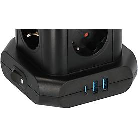 Brennenstuhl Steckdosenturm, 8-fach, 4 USB-Ladebuchsen, 45°-Anordnung, Ein-/Ausschalter, 2 m Kabel, schwarz