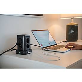Brennenstuhl Steckdosenturm, 8-fach, 4 USB-Ladebuchsen, 45°-Anordnung, Ein-/Ausschalter, 2 m Kabel, schwarz
