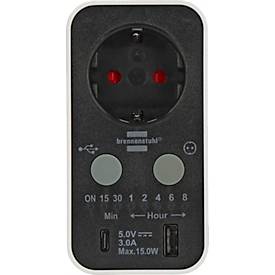 Brennenstuhl Timer-Steckdose mit LED-Anzeige, 1x USB A, 1x USB-C, Countdown 15 Min bis 8 Std, schwarz/weiß