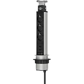 Brennenstuhl Tower Power Alu-Tischsteckdosenleiste, 3 Schutzkontaktstecker in 45°-Anordnung, 2 USB Stecker, versenkbar, 2 m Kabel, L 335 x B 85 x T 120 mm, silber/schwarz