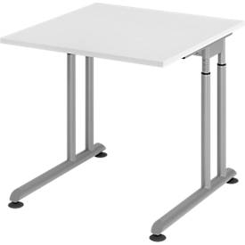 Breno bureau, handmatig in hoogte verstelbaar, horizontale kabelgoot, B 800 x D 800 x H 680-820 mm, spaanplaat &amp; staal, wit/zilver