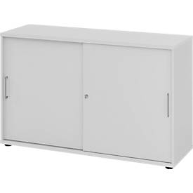 Breno schuifdeurkast, afsluitbaar, spaanplaat, gemelamineerd, B 1200 x D 400 x H 748 mm, 2 dossierhoogtes, lichtgrijs/lichtgrijs