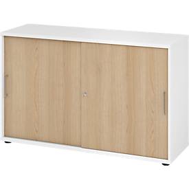 Breno schuifdeurkast, afsluitbaar, spaanplaat, gemelamineerd, B 1200 x D 400 x H 748 mm, 2 dossierhoogtes, wit/eiken