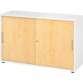 Breno schuifdeurkast, afsluitbaar, spaanplaat, gemelamineerd, B 1200 x D 400 x H 748 mm, 2 dossierhoogtes, wit/mapele