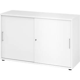 Breno schuifdeurkast, afsluitbaar, spaanplaat, gemelamineerd, B 1200 x D 400 x H 748 mm, 2 dossierhoogtes, wit/wit