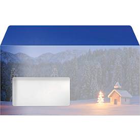 Briefumschläge Sigel Christmas Chapel, DIN lang, weihnachtliches Kerzen-Motiv, Sichtfenster, gummierter Verschluss, FSC®-Papier, blau, 50 Stück