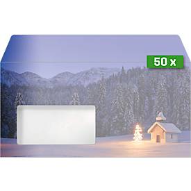Briefumschläge Sigel Christmas Chapel, DIN lang, weihnachtliches Kerzen-Motiv, Sichtfenster, gummierter Verschluss, FSC®-Papier, blau, 50 Stück