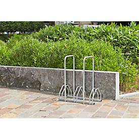 Bügelparker Mottez B135AR, 2-seitig, für Reifen mit B 35-55 mm, mit Diebstahlsicherung, 2 Bügel, für bis zu 3 Fahrräder, B 720 x T 330 x H 830 mm, Stahlrohr, silber
