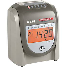 Bürk Mobatime rechnendes Zeiterfassungsgerät K 675, automatischer Karteneinzug und -ausgabe, bis 100 Personen