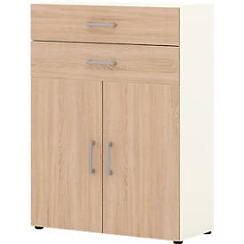 Bürokommode TEMPIO, aus Holz, 2 Türen, 2 Schubkästen, 3 OH, B 800 x T 340 x H 1070 mm, weiß/Sonoma Eiche