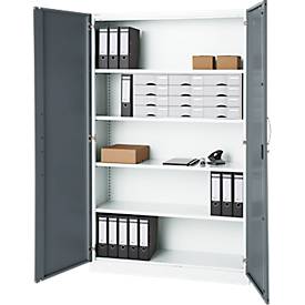 Büroschrank, 5 OH, abschließbar, mit aufliegenden Türen, B 1200 mm, Basaltgrau/Verkehrsweiß
