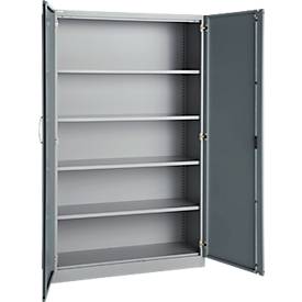 Büroschrank, 5 OH, abschließbar, mit aufliegenden Türen, B 1200 mm, Basaltgrau/Weißalu