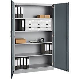 Büroschrank, 5 OH, abschließbar, mit aufliegenden Türen, B 1200 mm, Basaltgrau/Weißalu