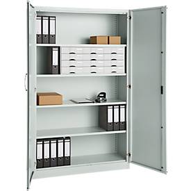 Büroschrank, 5 OH, abschließbar, mit aufliegenden Türen, B 1200 mm, Lichtgrau