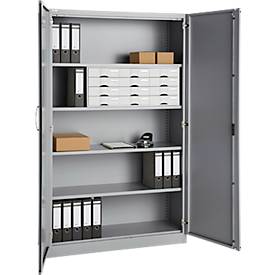 Büroschrank, 5 OH, abschließbar, mit aufliegenden Türen, B 1200 mm, Weißalu