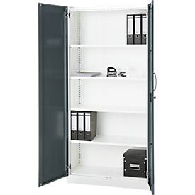 Büroschrank, 5 OH, abschließbar, mit aufliegenden Türen, B 950 mm, Basaltgrau/Verkehrsweiß