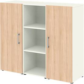 Buffet de bureau TEMPIO, bois, 2 portes, 1 étagère, 3 OH, L 1200 x P 340 x H 1070 mm, blanc/chêne Sonoma