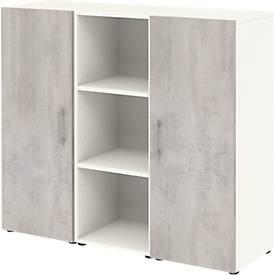 Buffet de bureau TEMPIO, en bois, 2 portes, 1 étagère, 3 OH, L 1200 x P 340 x H 1070 mm, blanc/béton