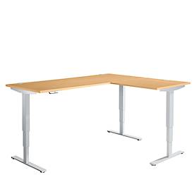 Bureau d'angle AERO FLEX, réglage électrique de la hauteur, angle 90°, pied en T, L 2000 x P 1600 mm, hêtre/alu blanc + panneau de mémoire