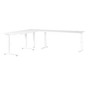 Bureau d'angle Porto, réglage mécanique de la hauteur, piétement en C, y compris table d'extension avec pied support, L 1200/1600 x P 2200 x H 680-910 mm, blanc/blanc