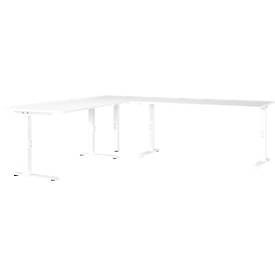 Bureau d'angle Porto, réglage mécanique de la hauteur, piétement en C, y compris table d'extension avec pied support, L 1200/1800 x P 2200 x H 680-910 mm, blanc/blanc