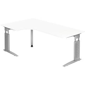 Bureau d'angle TARVIS, l. 2000 x P 1200/800 x H 680 - 860 mm, armature argentée, blanc