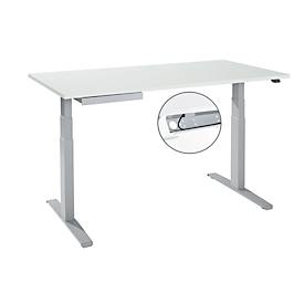 Bureau, elektrisch in hoogte verstelbaar, T-voet, B 1600 x D 800 x H 645-1290 mm, alu lichtgrijs/wit + kabelgoot, accessoirelade
