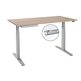 Bureau, elektrisch in hoogte verstelbaar, T-voet, B 1600 x D 800 x H 645-1290 mm, wild eiken/wit aluminium + kabelgoot, accessoirelade