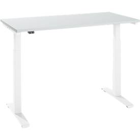 Bureau Home Office Roll it, hauteur réglable électriquement, rectangulaire, piétement en T, L 1300 x P 650 x H 687-1187 mm, gris clair/blanc