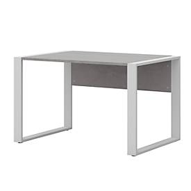 Bureau Home Office TEMPIO, rectangulaire, piètement traineau, L 1500 x P 800 x H 740 mm, avec support guide-câbles, béton/blanc