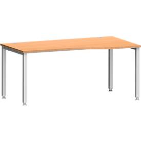 Bureau MODENA FLEX, forme libre, approche à droite, 4 pieds en tube carré, L 1800 x P 1000/800 x H 720-820 mm, hêtre/aluminium blanc