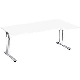Bureau PALENQUE avec extension, pieds en C, asymétrique, réglage manuel de la hauteur, extension à droite, l. 1800 x P 800/1000 x H 680-820 mm, blanc