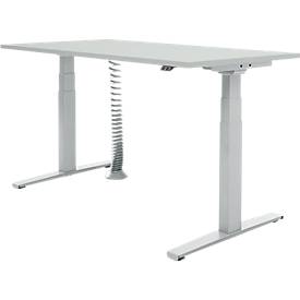 Bureau Schäfer Shop Select, réglable en hauteur électriquement, piètement en T, L 1 600 x P 800 x H 645-1 290 mm, gris clair/aluminium blanc + enrouleur de câbles