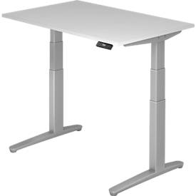 Bureau TOPAS LINE, réglage électrique de la hauteur, piétement en C, L 1200 x P 800 x H 650-1300 mm, gris clair/aluminium blanc + interrupteur à mémoire, passage de câbles