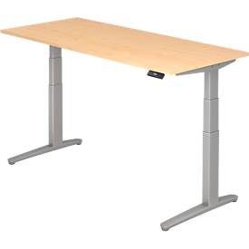 Bureau TOPAS LINE, réglage électrique de la hauteur, piétement en C, L 1800 x P 800 x H 650-1300 mm, érable/aluminium blanc + interrupteur à mémoire, passage de câbles