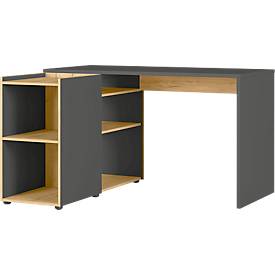 Bureautafel Austin met sideboard, 5 open vakken, B 1290 x D 1070 x H 760 mm, grafiet/eik