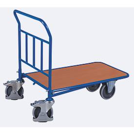 C+C Wagen, Stahl/MDF-Platte, Enzianblau/Buche-Dekor, L 1030 x B 700 mm, mit Längsstreben, TPE-Rollen mit Feststellbremse, bis 500 kg