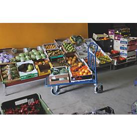 C+C Wagen, Stahl/MDF-Platte, Enzianblau/Buche-Dekor, L 1030 x B 700 mm, mit Längsstreben, TPE-Rollen mit Feststellbremse, bis 500 kg