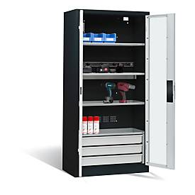 C+P Akkuladeschrank Basic mit Sichtfenster aus Acrylglas und Schubladenblock, H 1950 x B 930 x T 500 mm, Lichtgrau/Lichtblau