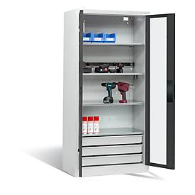 C+P Akkuladeschrank Basic mit Sichtfenster aus Acrylglas und Schubladenblock, H 1950 x B 930 x T 500 mm, Lichtgrau/Lichtblau