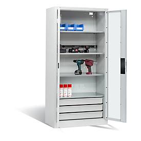 C+P Akkuladeschrank Basic mit Sichtfenster aus Acrylglas und Schubladenblock, H 1950 x B 930 x T 500 mm, Lichtgrau/Lichtblau