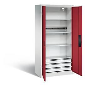 C+P Akkuladeschrank Basic mit Vollblechtüren und Schubladenblock, H 1950 x B 930 x T 500 mm, Lichtgrau/Rubinrot