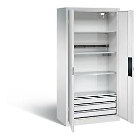 C+P Akkuladeschrank Basic mit Vollblechtüren und Schubladenblock, H 1950 x B 930 x T 500 mm, Lichtgrau/Rubinrot