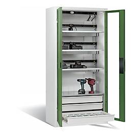 C+P Akkuladeschrank Comfort mit Sichtfenster aus Acrylglas, H 1950 x B 930 x T 500 mm, Lichtgrau/Resedagrün